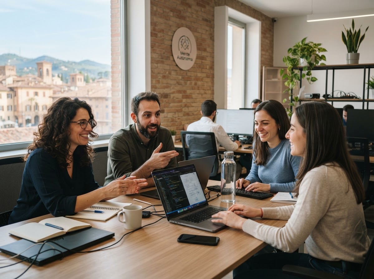 Mente Autonoma IT — analisti che esaminano modelli predittivi e flussi di dati finanziari